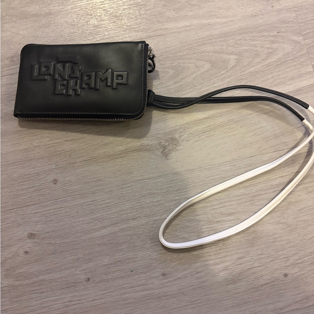 Longchamp Black Leather phone case with strap
